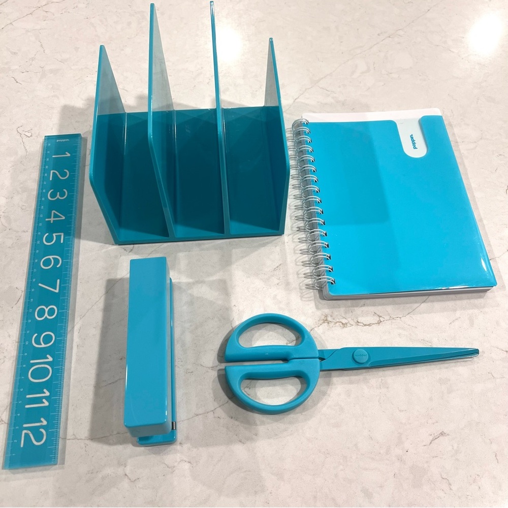 Poppin Aqua Desk Accessories Scissors Ruler Stapler Notebook & File Sorter Divid
